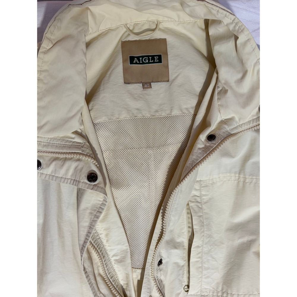 Aigle Women Cream Utility Field Jacket Belted Safari Coat Hooded Size 42